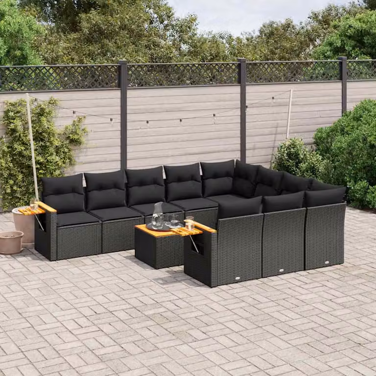 vidaXL Set Divani da Giardino 11 pz in Polyrattan Nero con Cuscini e Tavolino da Esterno