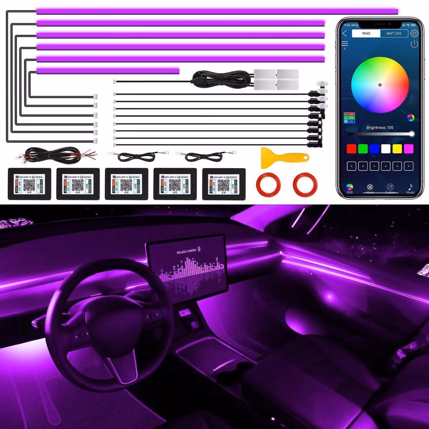 Illuminazione ambientale a LED per interni auto, set 18-in-1, 175 pollici, 593 LED, sincronizzazione RGB con la musica, controllo tramite app