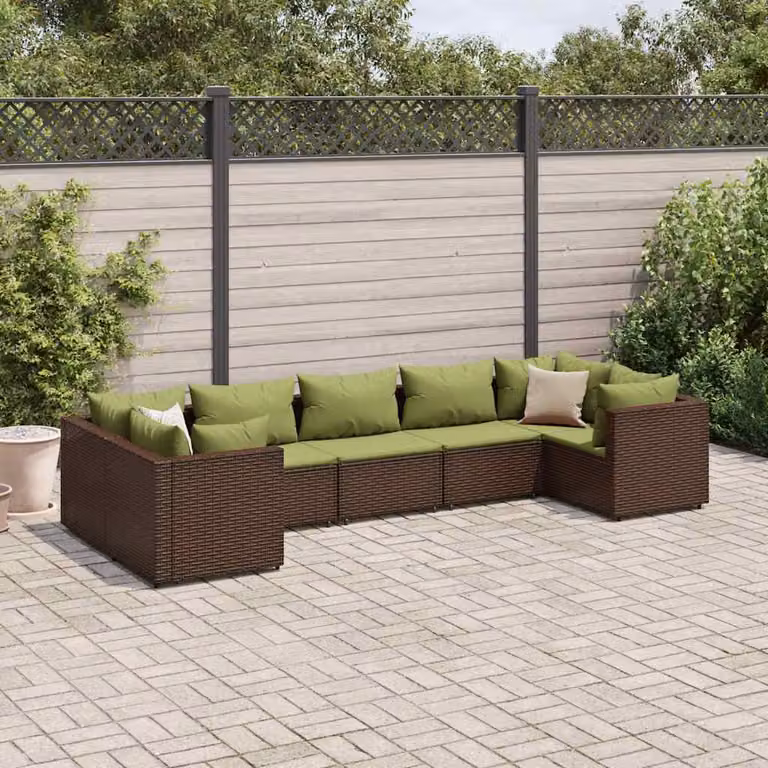 Set di Divani da Giardino vidaXL 7 pz a Forma a L con Cuscini in Polyrattan e Struttura in Metallo, Colore Marrone e Verde