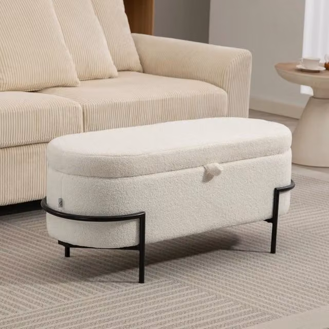 Banca contenitore OKWISH con seduta in tessuto e struttura in metallo verniciato bianco per camera da letto