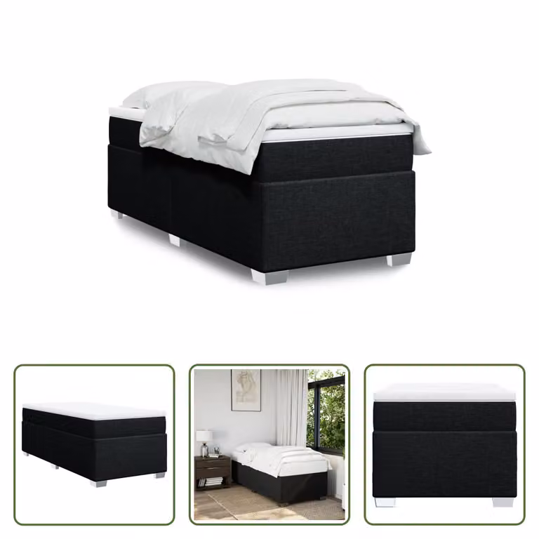 The Living Store Letto a molle con materasso nero 90x200 cm in tessuto
