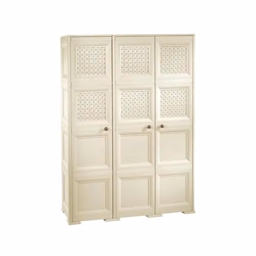 MA MAISON Armadio in Plastica 118 x 43 x 164 cm con 3 Ante, Vano Portascope e Ante Traforate – Mobile Alto Salvaspazio per Lavanderia e Organizzazione Casa (Angora)