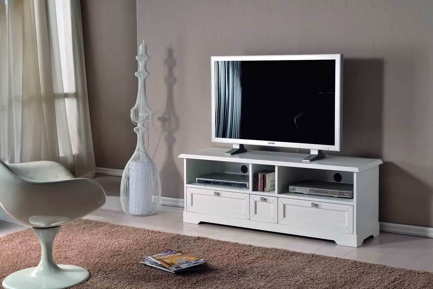Porta TV Mobili 2G in legno con 3 cassetti stile arte povera bianco opaco L: 139 cm, P: 40 cm, H: 51 cm – 3