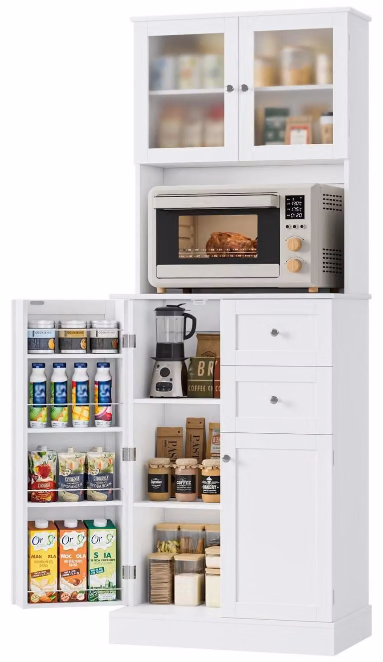 Armadio da cucina di 182,5 cm con 2 ante in vetro, 4 ante e 2 cassetti, colore bianco