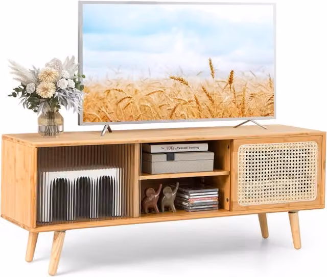 Mobile porta TV Design Mania in bambù e rattan marrone con ante scorrevoli e ripiani in vetro per soggiorno, L: 120,5 cm, P: 31,0 cm, H: 45,5 cm