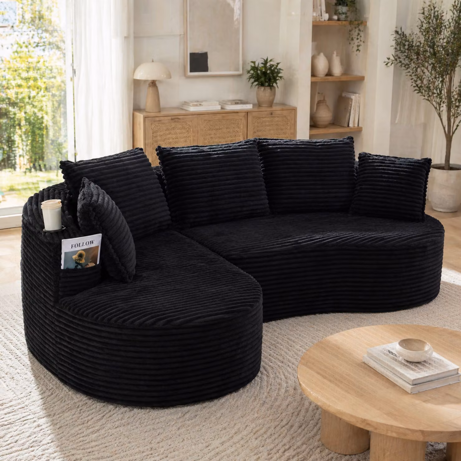 Divano angolare a L Bogesofa di Aosom Italy in velluto nero con cuscini coordinati e portabicchieri – 2