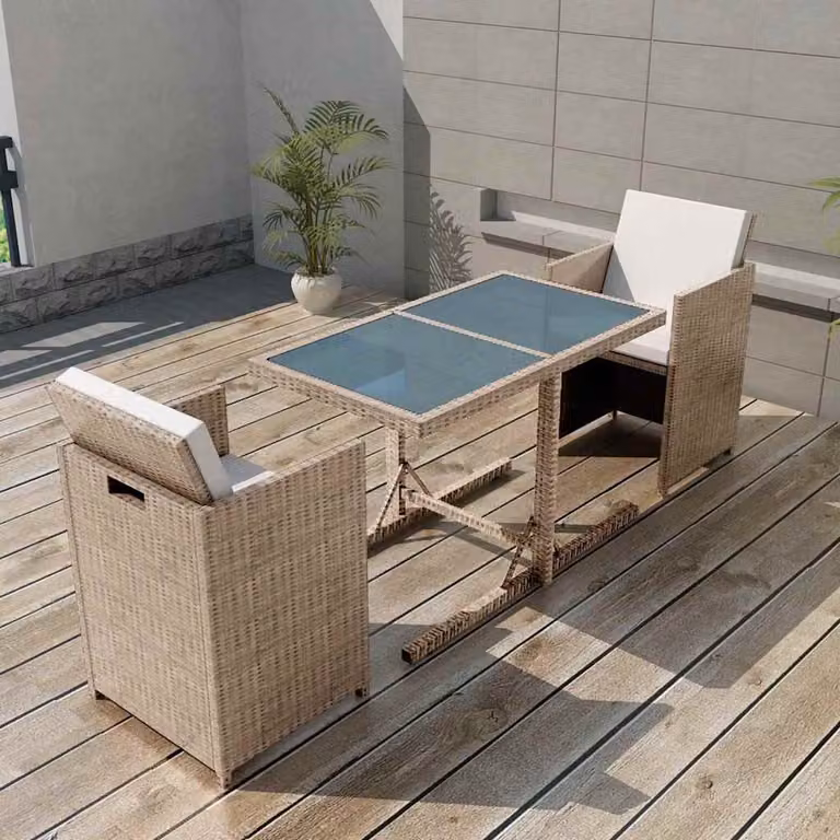 Set da Bistrot vidaXL in Polyrattan Beige con Cuscini e Piano in Vetro per Giardino e Terrazzo