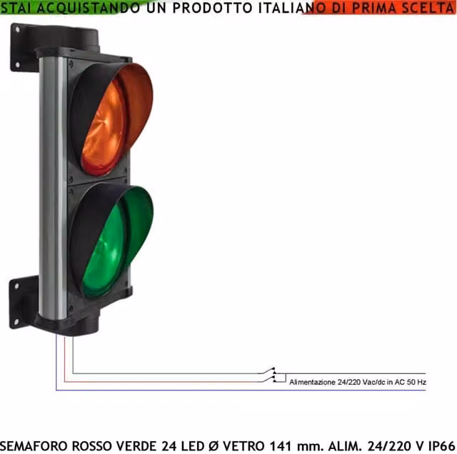 Semaforo di segnalazione biluce Securvai con 24 LED rossi e 24 LED verdi, corpo in alluminio con protezione IP66 e supporti di fissaggio a parete orientabili a 360°