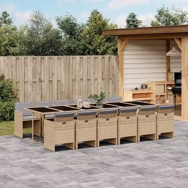 Set Pranzo da Giardino vidaXL in Polyrattan con Tavolo in Vetro e 13 Pezzi con Cuscini Beige e Grigio