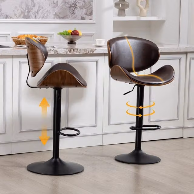 Sgabello da bar OKWISH girevole con schienale ergonomico e poggiapiedi, rivestimento in ecopelle marrone e struttura in metallo