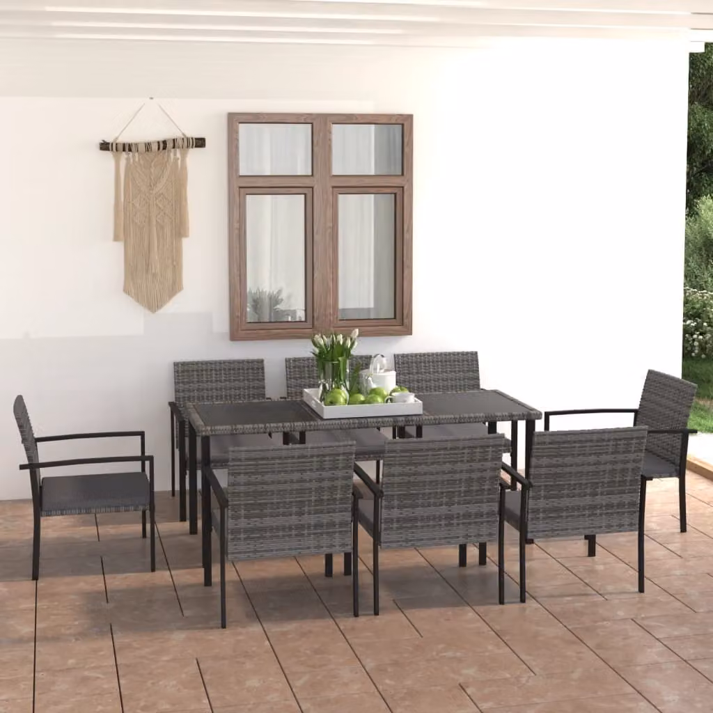 The Living Store 9 pezzi. Set da pranzo da giardino Poly Rattan Grigio
