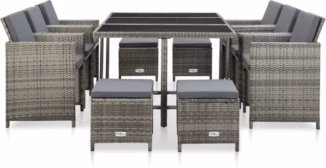 Set da Pranzo da Giardino 11 pz con Cuscini Polyrattan Grigio 46537
