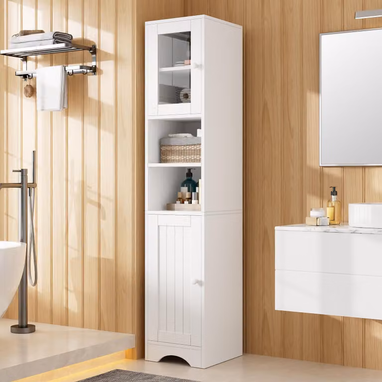 Armadio alto con porta in vetro, ripiani aperti e ripiani interni regolabili, mobiletto contenitore stretto per il bagno, colore bianco