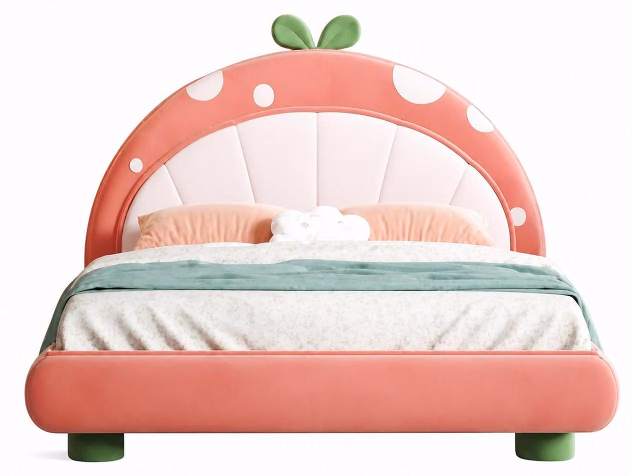 Letto per bambini Rosa, letto per adolescenti in pelle, motivo fragola, per bambine