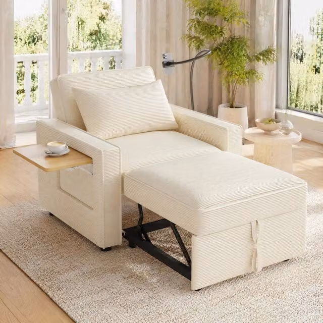 Divano letto singolo ULEVR in velluto a coste beige, schienale regolabile 108¡ã/138¡ã/180¡ã, USB e Type-C