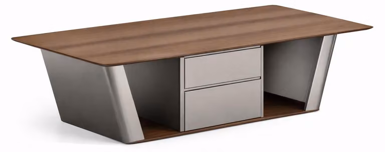 Tavolino da caffè moderno in legno di noce con eleganti dettagli in metallo
