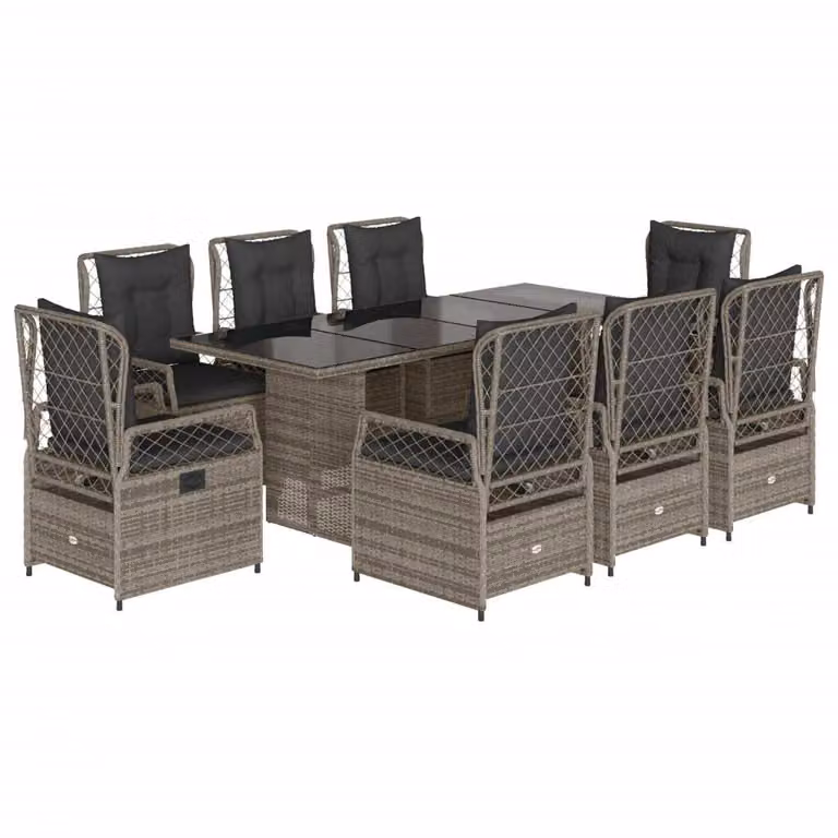 Set da Pranzo da Giardino 9 pz con Cuscini in Polyrattan Grigio