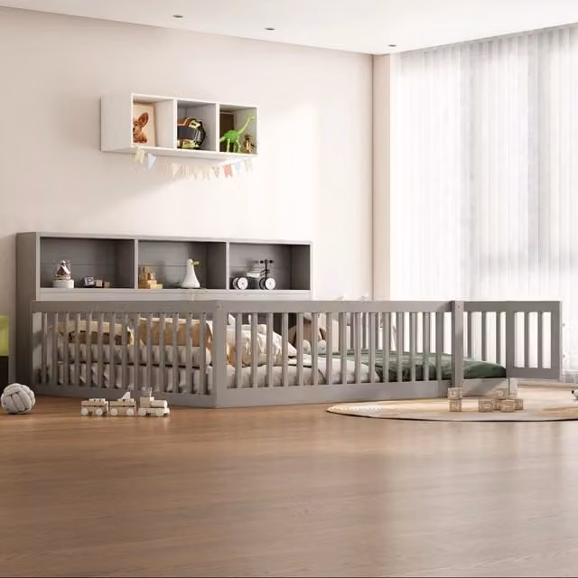 Letto per bambini 140x200 cm con rete a doghe; sponde apribili e contenitore laterale; grigio