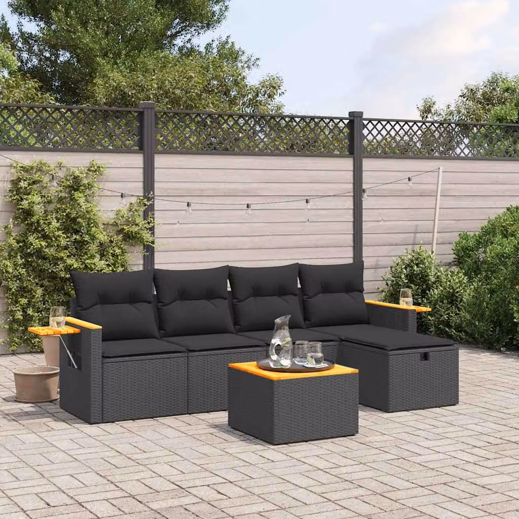 vidaXL Set Divano da Giardino a L 6 pz con Cuscini Nero in Polyrattan e Acciaio – 1