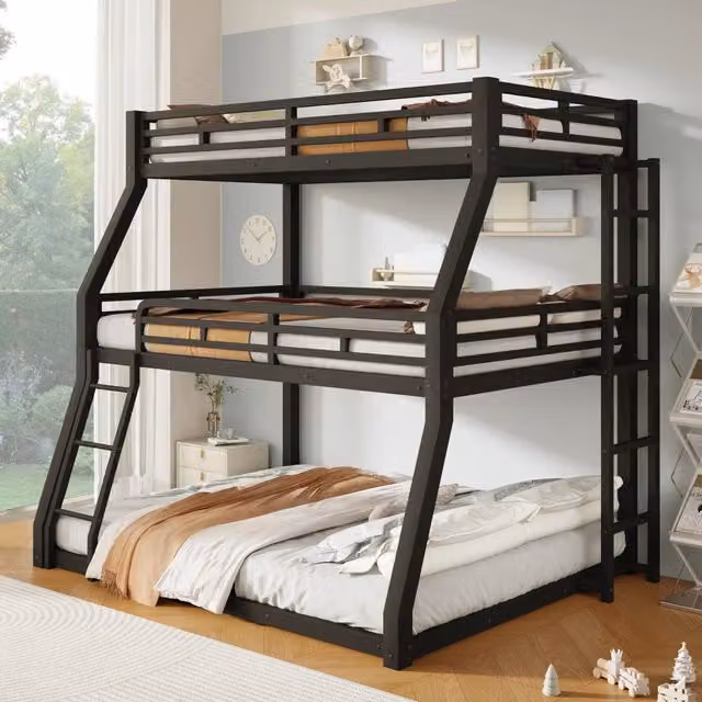 Letto a castello a 3 posti 90 × 200 cm, 120 × 200 cm e 140 × 200 cm, 2 scale e parapetti, senza materasso, metallo nero