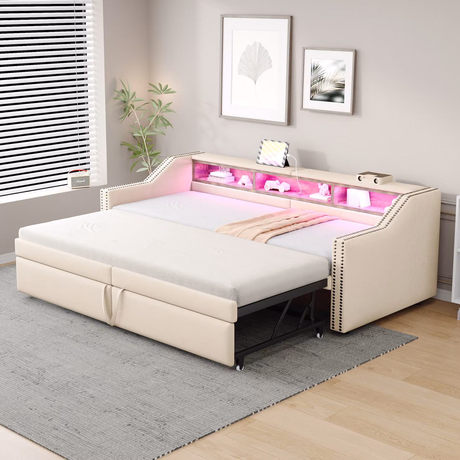 Flieks divano letto imbottito 90x200cm/180x200cm, daybed con sotto letto, divano letto in legno con USB e LED, biancheria funzionale, beige