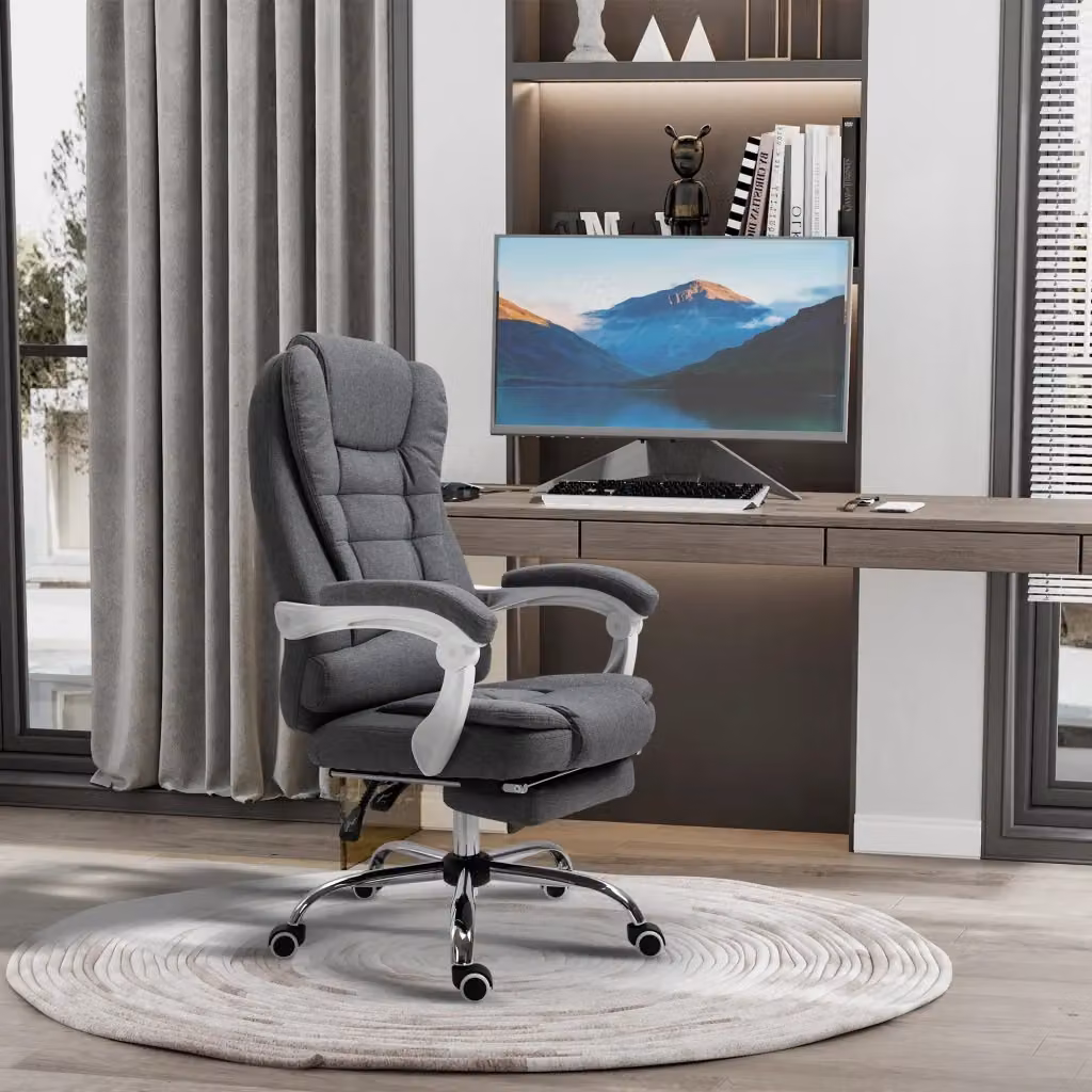 Sedia da ufficio ergonomica moderna con poggiapiedi e schienale reclinabile in tessuto grigio e metallo, girevole a 360 gradi con ruote e regolazione dell'altezza – 2