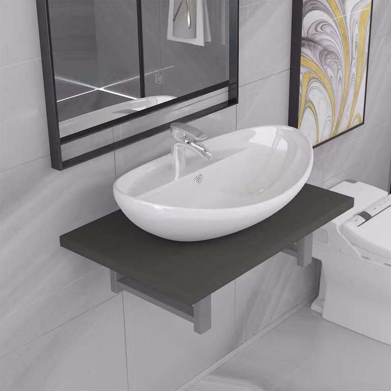 Set Mobili da Bagno Moderno vidaXL in Ceramica e Legno, Lavabo e Pensile Grigio e Bianco
