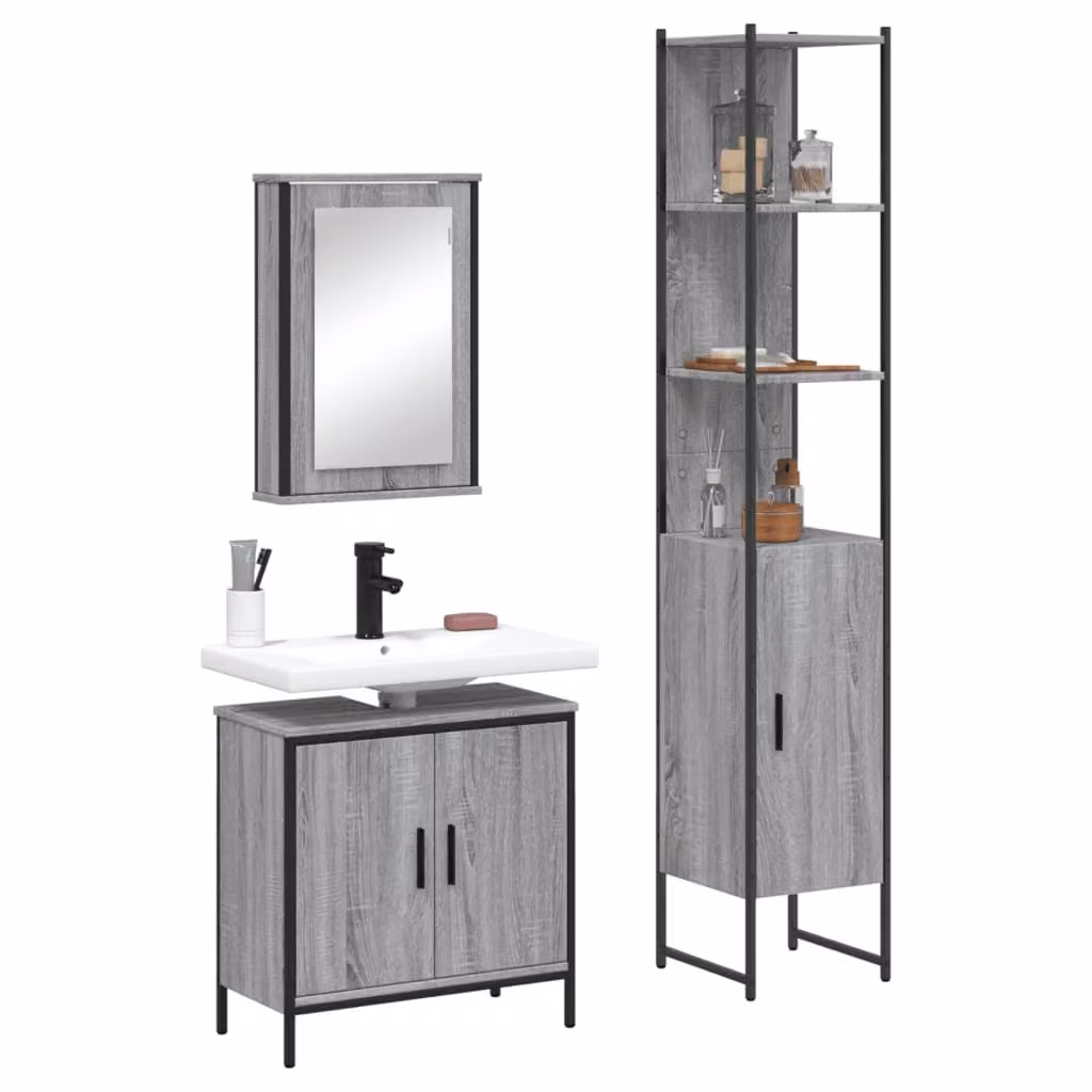 vidaXL Set Mobili da Bagno 3 pz Moderno Grigio in Legno e Metallo con Specchio e Mensole