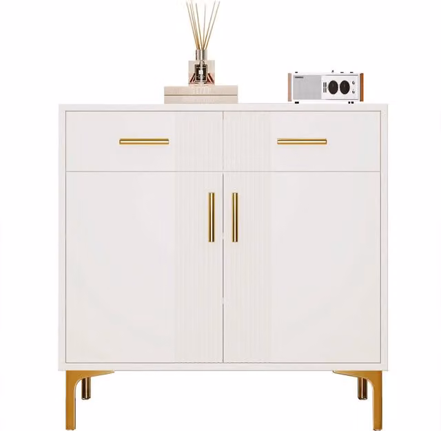 Credenza moderna in MDF bianco con 2 ante, 2 cassetti e dettagli in metallo dorato per soggiorno o ufficio, L: 100 cm, P: 35 cm, H: 79.5 cm