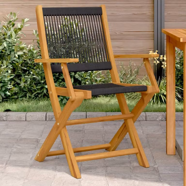 Set di 2 sedie pieghevoli vidaXL in legno di acacia e polipropilene nero e marrone con braccioli per giardino e balcone