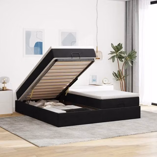 Struttura Letto Pouf con Materassi Nero 180x200 cm in Velluto 3311263