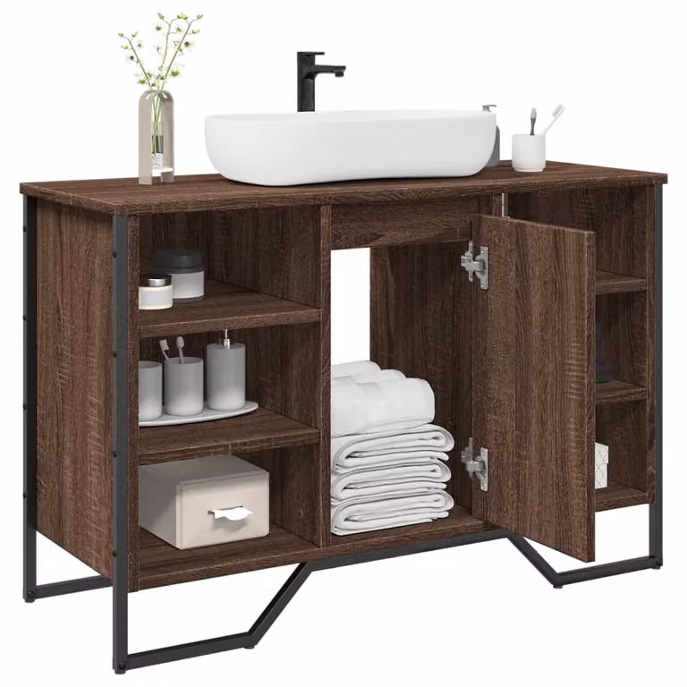 Lavabo da bagno moderno vidaXL in rovere marrone con ante a cerniera e ripiani interni L: 91 cm, P: 35 cm, H: 60 cm