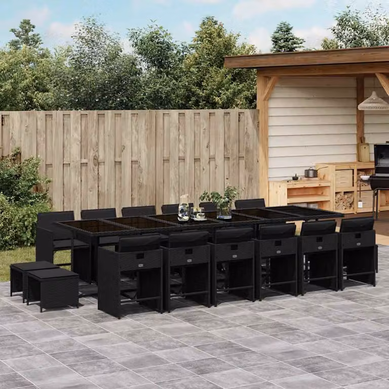 vidaXL Set da Pranzo da Giardino 17 pz in Polyrattan Nero con Cuscini e Tavolo in Vetro
