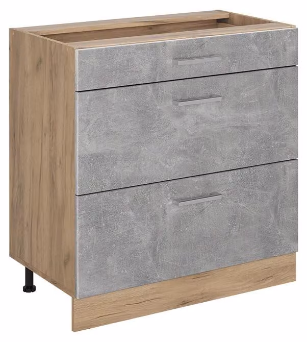 Mobiletto base per cucina Vicco R-Line Calcestruzzo/Rovere dorato 80 cm con 3 cassetti senza piano di lavoro, Model 72431
