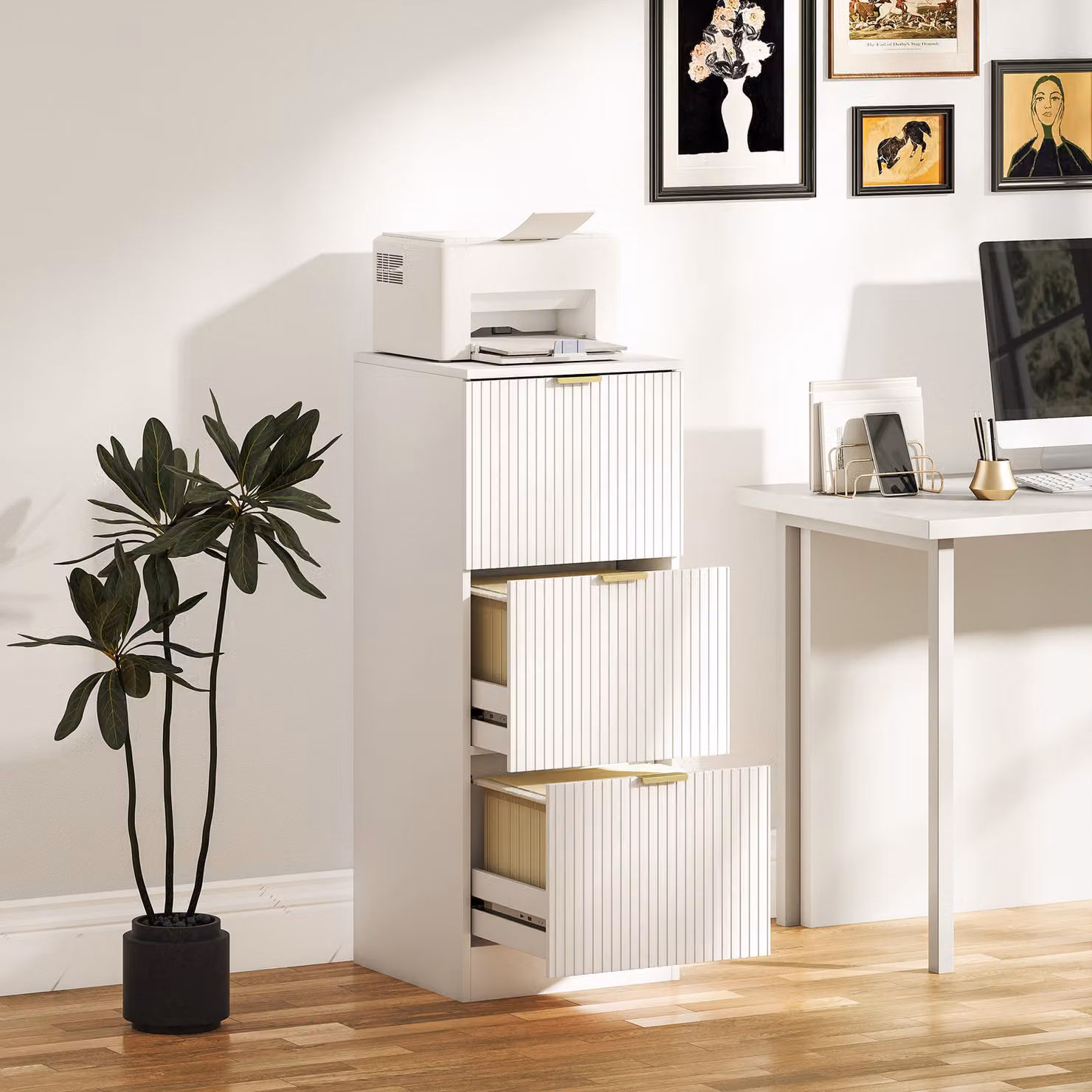Cassettiera da scrivania HOMCOM con 3 cassetti frontali scanalati per archivio A4 o Lettera, Bianco, L 40 cm x P 40 cm x H 101 cm – 2