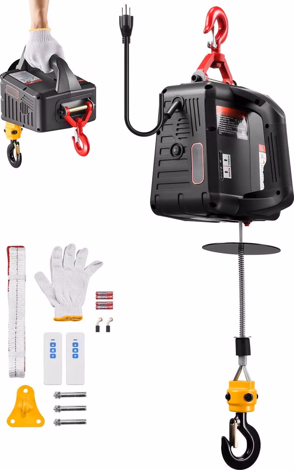 Argano elettrico - paranco elettrico/sollevatore 2 in 1 - portata 500 kg - motore 1500 W - altezza di sollevamento 7,6 m - velocità di sollevamento 5 m/min - telecomando con cavo e wireless