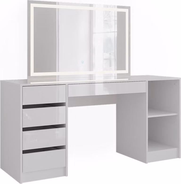 Tavolo da toeletta Vicco Sherry Bianco/Bianco lucido 158.2 cm con specchio a LED, Model 57659