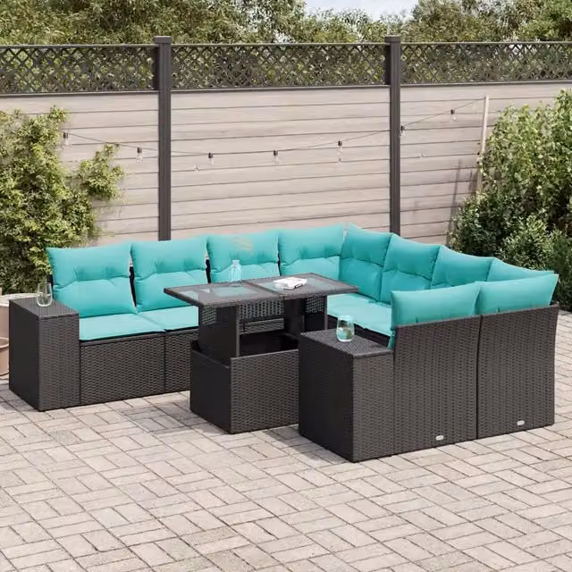 Set Divani da Giardino 9 pz con Cuscini Nero Polyrattan Acacia 3326768