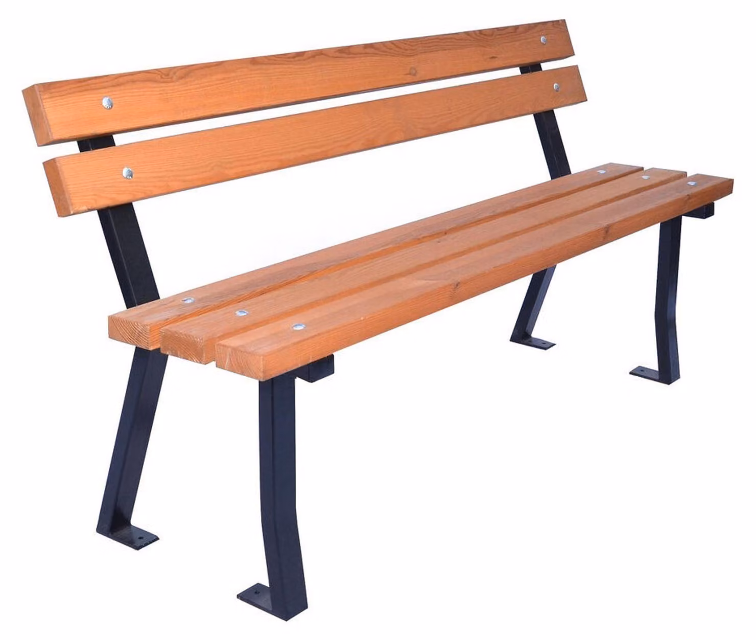 Panchina da parco/giardino a tre posti in metallo e legno di pino. La panchina è lunga 150 cm e ha una capacità di carico totale di 270 kg.
