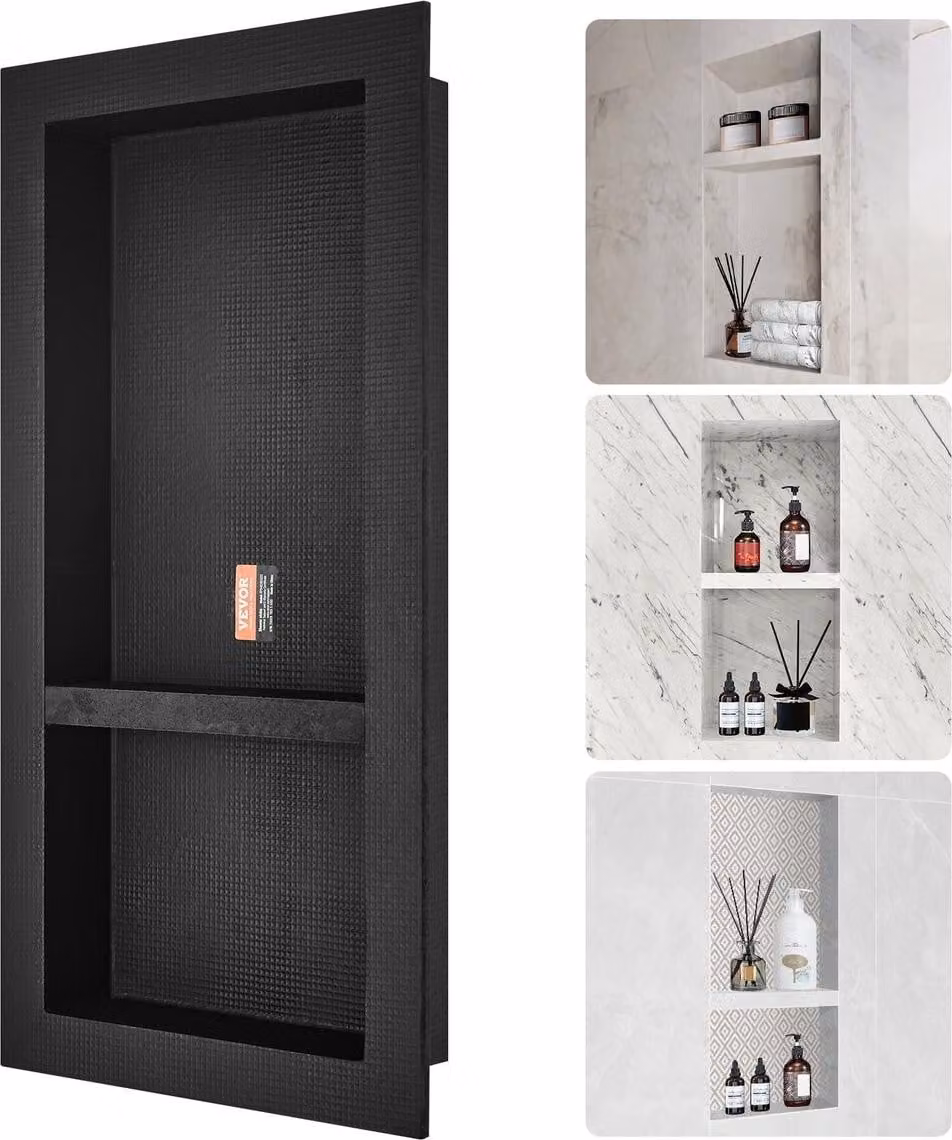 Nicchia doccia pronta per piastrellatura 40,64 x 81,28 cm, doppio ripiano organizer, angoli squadrati Nicchia incassata a muro, protezione sigillata Nicchia moderna porta sapone per doccia bagno, nera