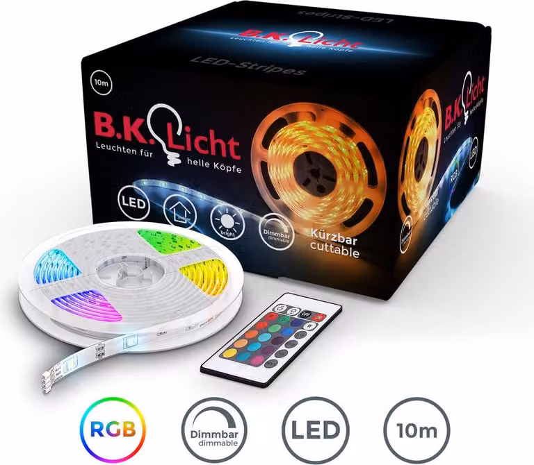B.K.Licht Striscia LED di 10 metri, Nastro luminoso con cambiamento di colore regolabile da telecomando, striscia luminosa autoadesiva e accorciabile, con alimentatore, IP20