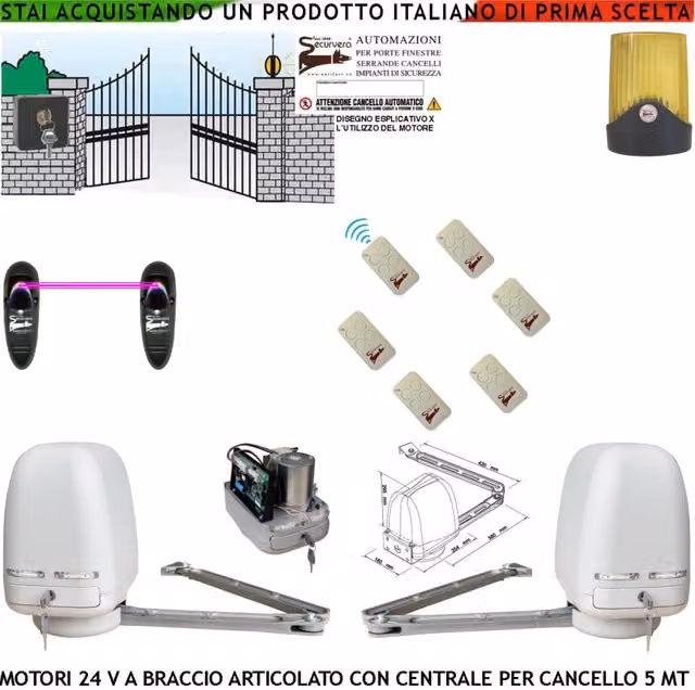 Automazione Cancello Kit Motori Braccio Articolato 24 V 2 Ante da 0,5 a 2,5 MT Centrale 220/24 V Faro Selettore Coppia di Fotocellule 6 Radiocomandi
