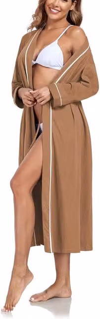 Badjas per donne in cotone lungo, leggero, elegante kimono con tasche, colore marrone, taglia XL