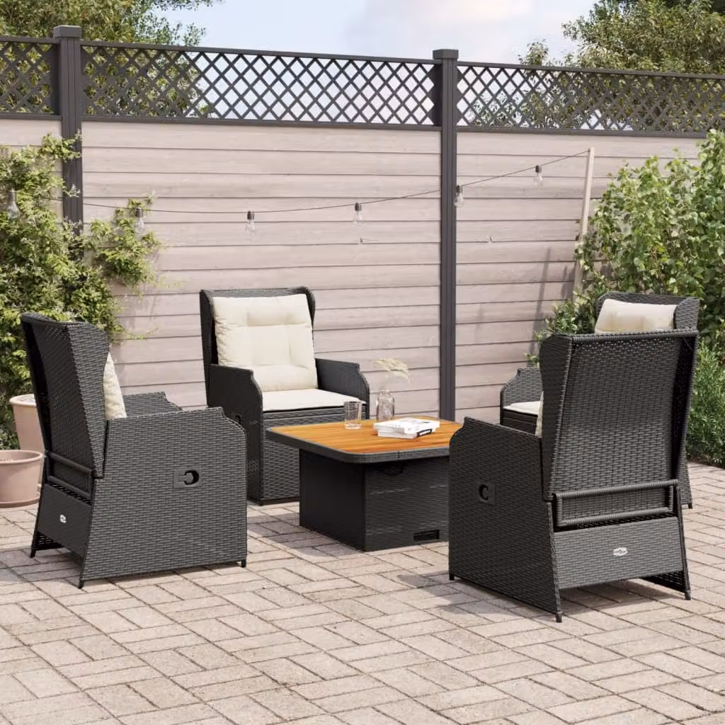 Set da giardino vidaXL composto da 5 pezzi con poltrone lounge, tavolino da caffè e cuscini imbottiti in polyrattan nero e struttura in acciaio verniciato a polvere