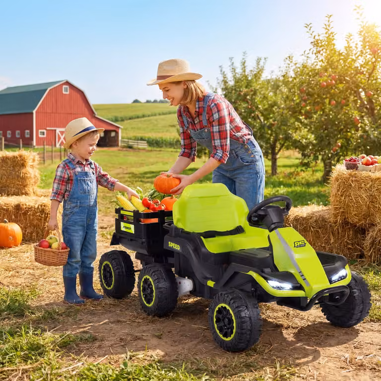 Trattore elettrico Costway per bambini 24V con rimorchio rimovibile, macchina elettrica verde con 3 velocità, luci LED e musica per età 3+ anni