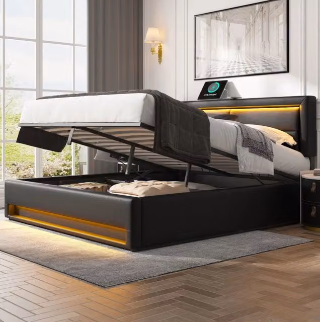 Letto imbottito 140x200 cm con ricarica USB e wireless, LED e vano contenitore in PU nero