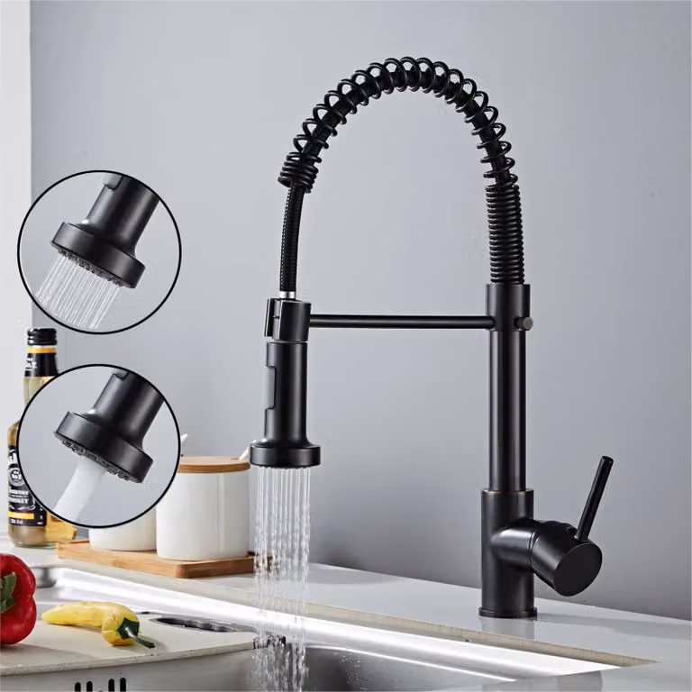 Rubinetto da cucina estraibile, miscelatore da cucina con molla a spirale a 360°, rubinetto da cucina, spray a due funzioni, nero,