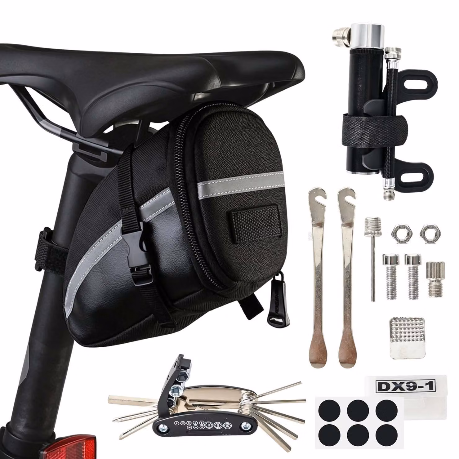 Kit di riparazione per bicicletta con borsa da sella, compatto e leggero, ideale per mountain bike, set di attrezzi da viaggio
