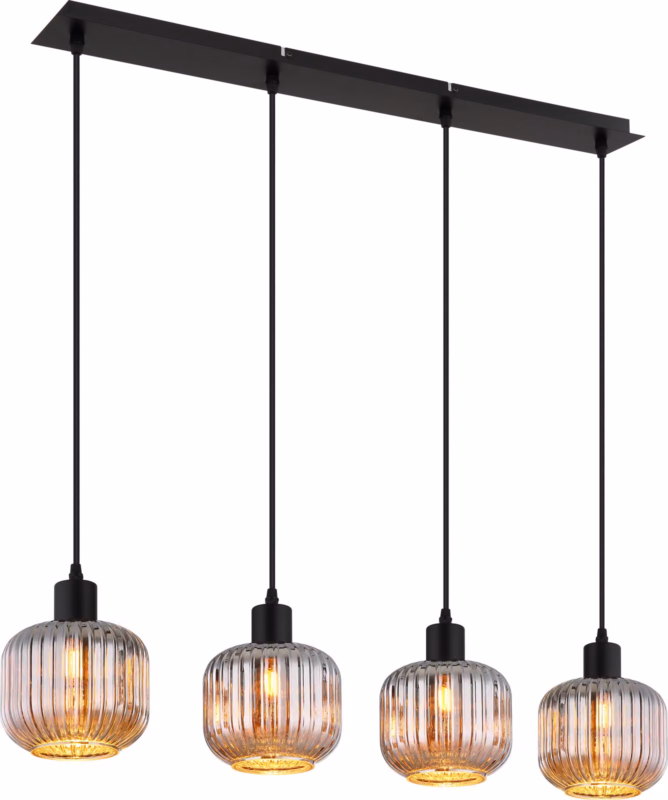 Lampada a sospensione NOWA, struttura in metallo nero opaco, vetro fumé, cavo in PVC nero, altezza regolabile, dimensioni: 808x150x1200 mm, esclusa lampadina (necessarie 4 lampadine E14 da 40W a 230V)