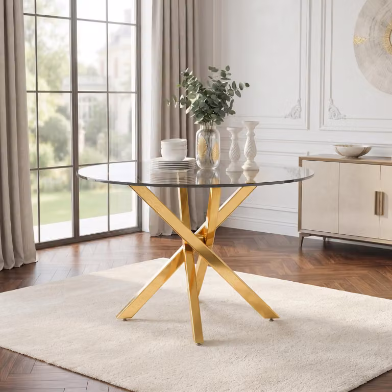 Tavolo da pranzo rotondo in stile Flieks, con gambe dorate; tavolo da cucina con piano in vetro; tavolino da caffè, tavolino per il tempo libero, per 2-4 persone, 80x80x75 cm, color oro